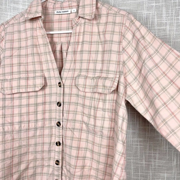 Roller Rabbit Pink Velha Plaid Cotton Flannel Buttondown Shacket Shirt Medium - Picture 3 of 4